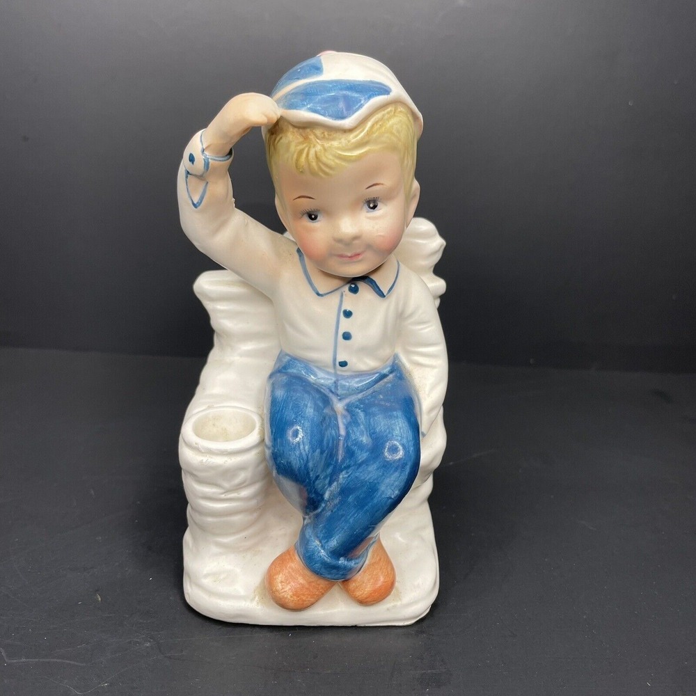 Vintage Boy Wearing Cap Saluting & Sitting Cross‎ Legged Bud Vase White & Blue